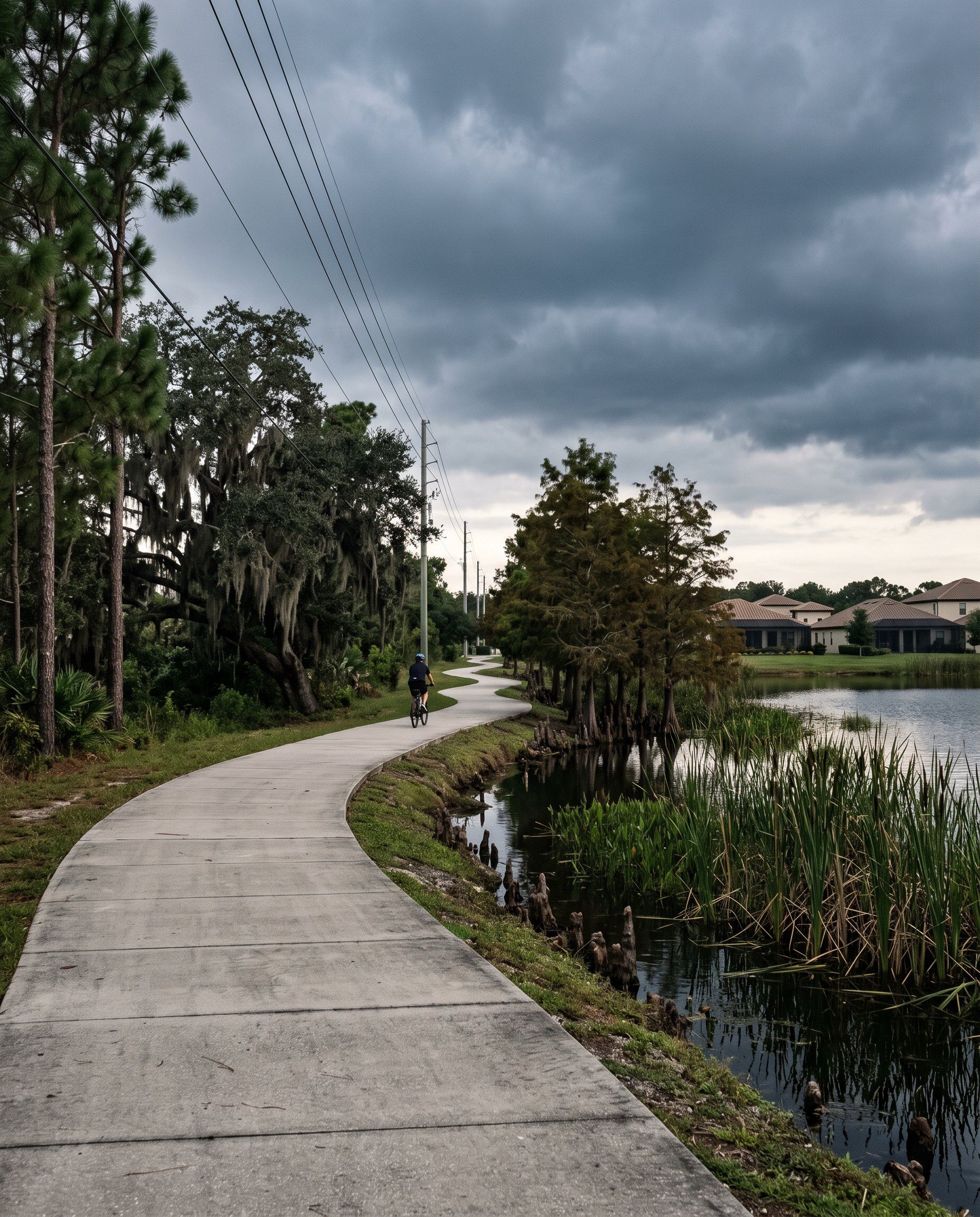 A concrete path curving beside a cypress pond under a stormy sky, with homes in the distance.